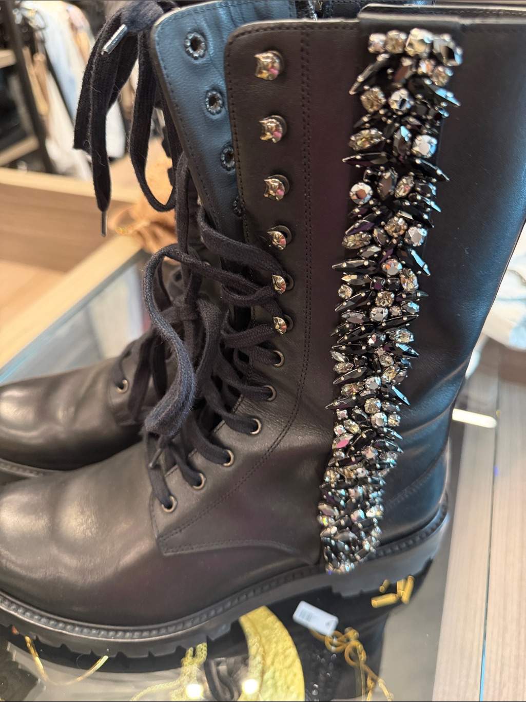 Rene Caovilla Black Lace-Up Combat Boots With Crystal Trim